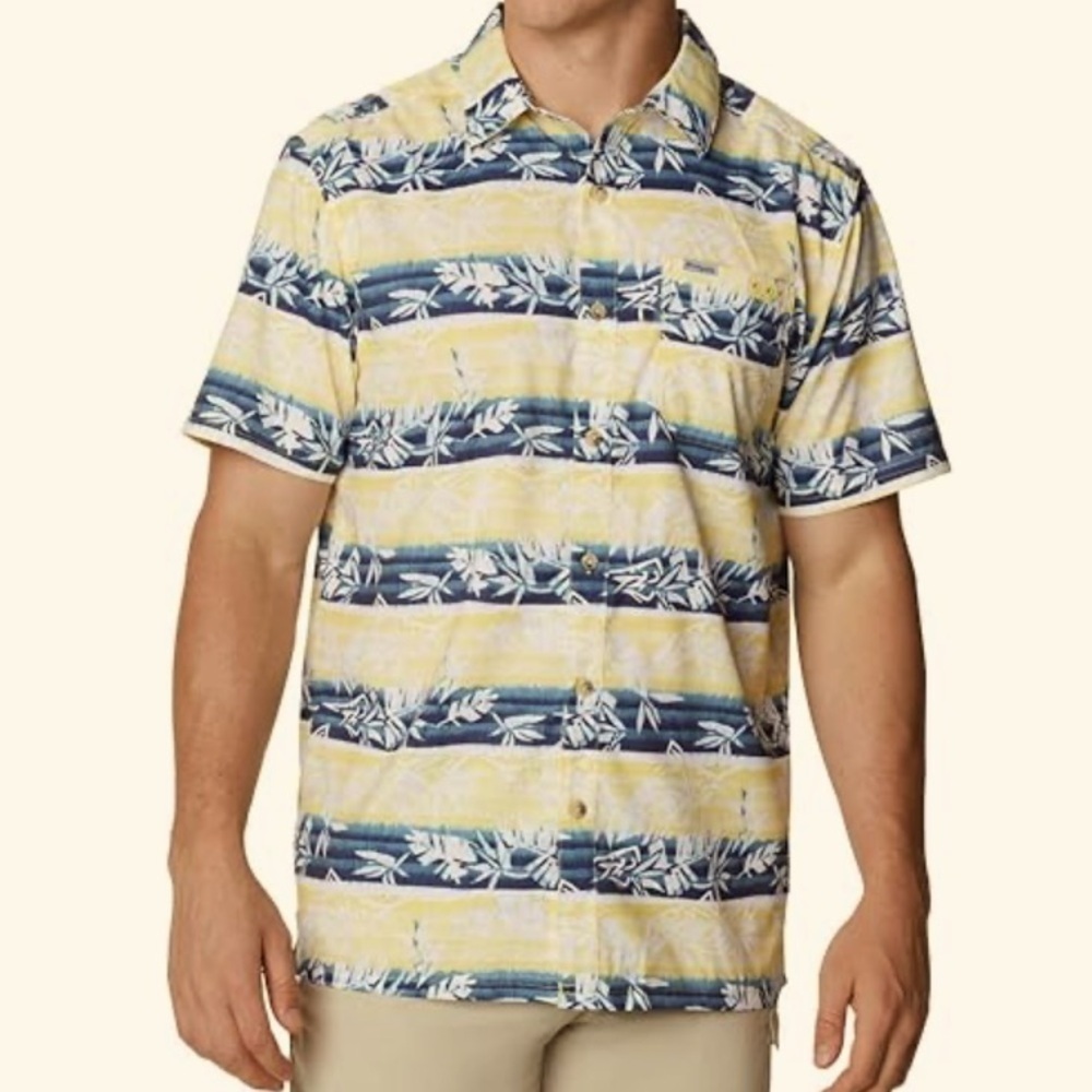 Columbia Men's PFG Omni-Shade Super Slack Tide Camp Shirt yellow/blue size M